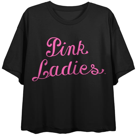 Grease Pink Ladies Logo Women's Black Cropped Tee With Short Sleeves and Crew Neck-XS