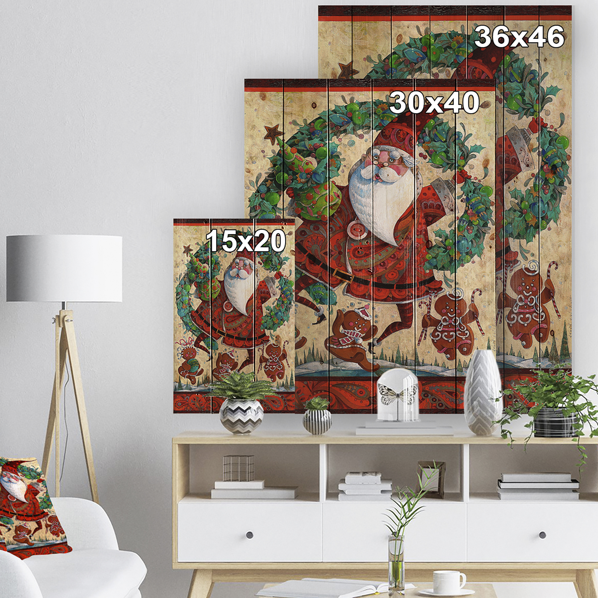 Designart 'Frolic Santa with Gingerbread Men and Wreathe' Print on Natural Pine Wood