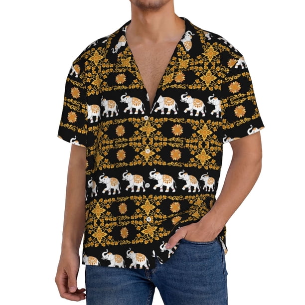 Fotbe traditional Elephant Camisa Estampada de Manga Corta para Hombre, Casual de Verano, Estilo Playero, Sin Arrugas-Medium