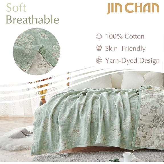 Boho  Cotton Muslin Queen Size 80x90 Inches Blanket Lightweight 4-Layer Quilted Soft Green and Beige Floral Throw Blanket Reversible Comfy Flower Rustic All Seasons Couch Bedroom Decor