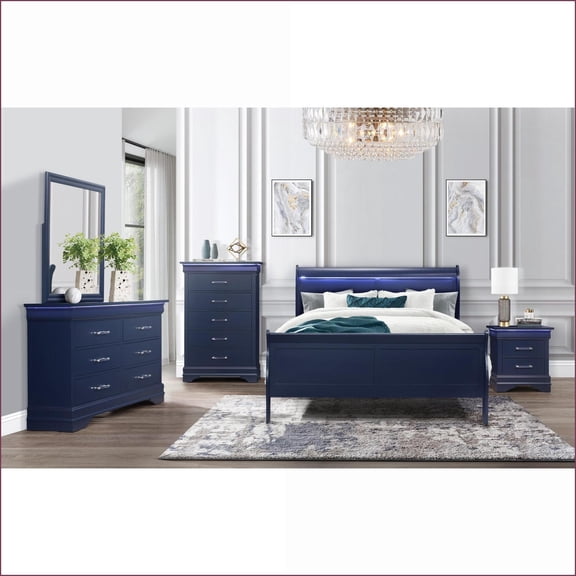 Bedroom Set, Queen Navy Blue Sleigh Style with LED Headboard Lights | Solid Wood MDF | Double Dressers