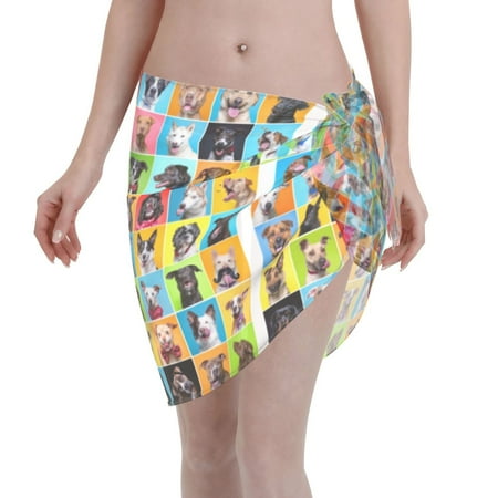Qekee Cute Dogs Collage Women s Short Sarongs Cover Ups Sheer Bikini Wraps for Swimwear