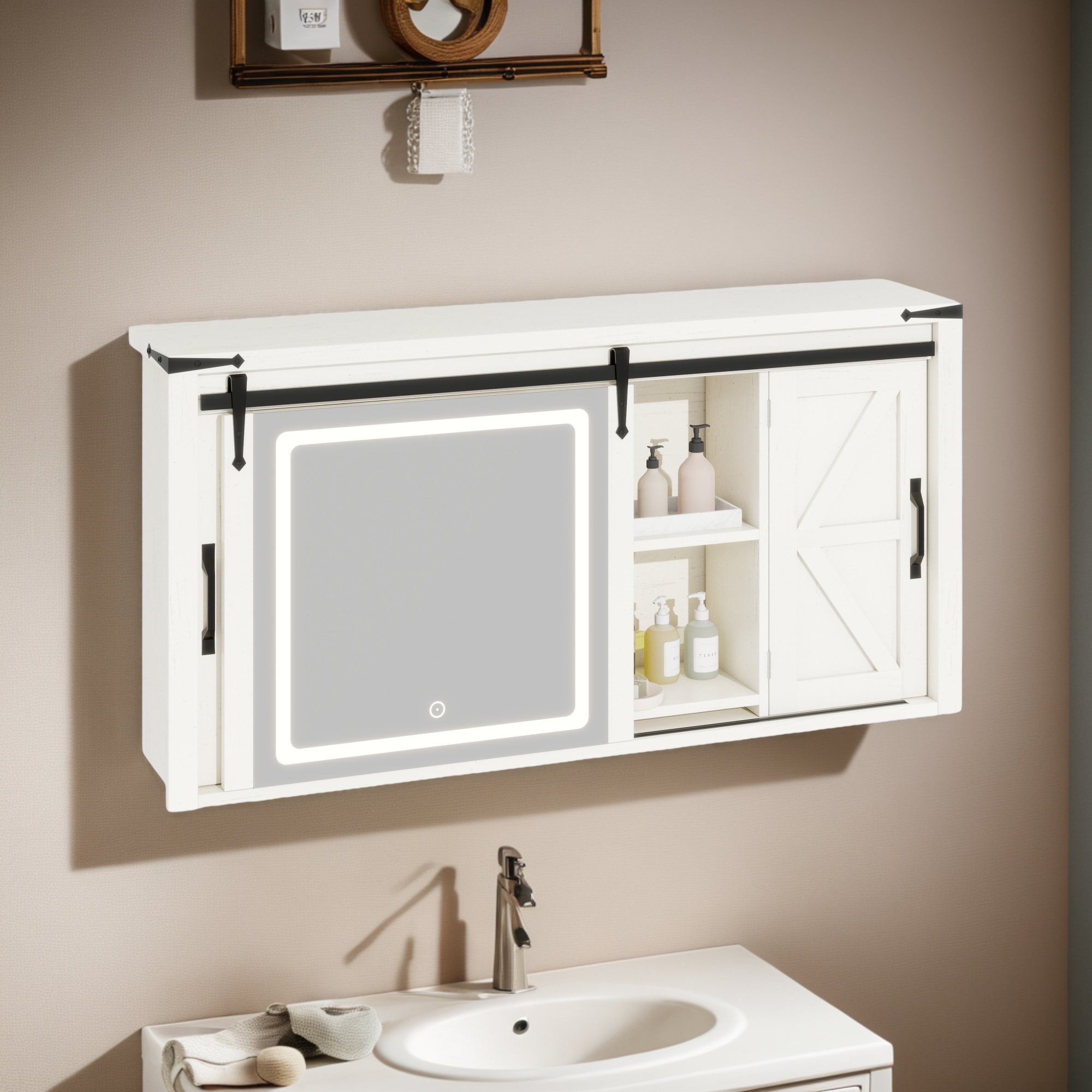 Uforic 47" Bathroom Medicine Cabinet with LED Lights Mirror, Wall Mounted Cabinet with Doors and Shelves, White