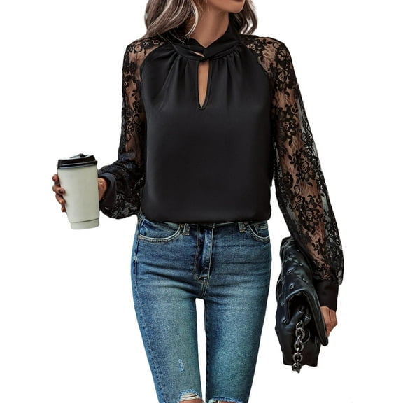 Elegant Plain Top Keyhole Neckline Black Long Sleeve Women's Blouses S (4)