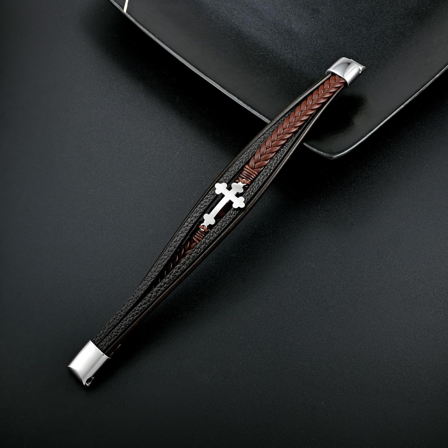 Mens Leather Cross Bracelet Multi-Layer Braided Faith Bracelet Religious Wristband Father's Day Birthday Jewelry Gifts for Men 8.5" Stainless Steel Buckle Bangle