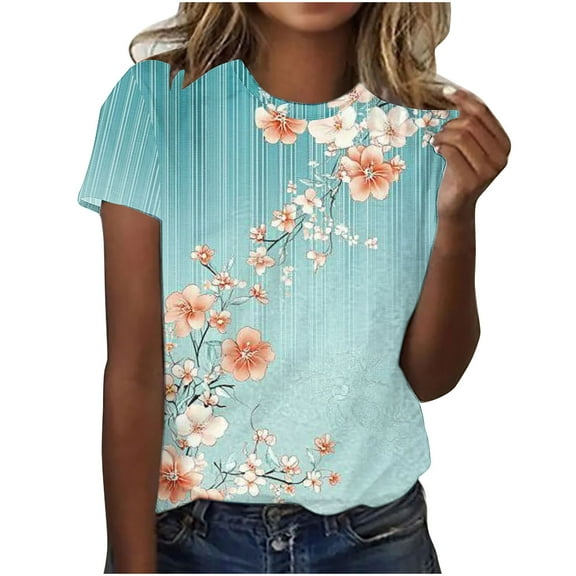 JSheng Women Summer Floral Print Bloues Casual Round Neck Pullover Loose Short Sleeve T-Shirt for Women