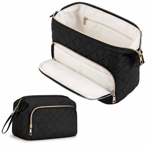 Makeup Bag Travel Toiletry Bag Cosmetic Bags for Women, Wide-open Pouch Make up Organizer Case for Travel Essentials Toiletries Accessories, Black