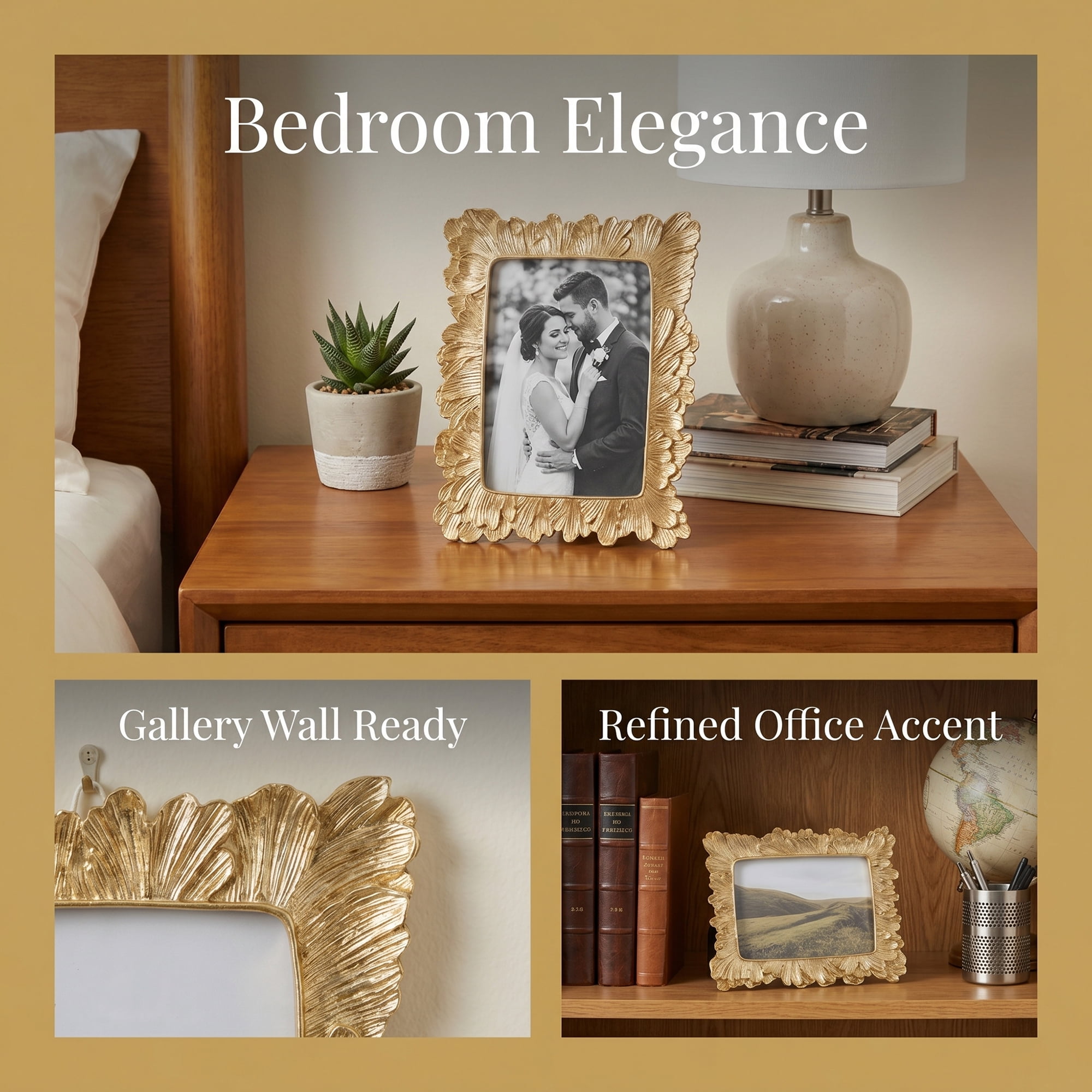 Unique Bargains Palm Leaf Resin Picture Frame for Coastal Home Decor Gold 4" x 6"