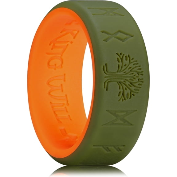 King Will Silicone Wedding Rings For Men Women, 8mm Wide 2.2mm Thick Viking Men Ring Tree of Life Rune Design Rubber Wedding Bands, Olive Green & Orange, Breathable Comfort Fit Size 13