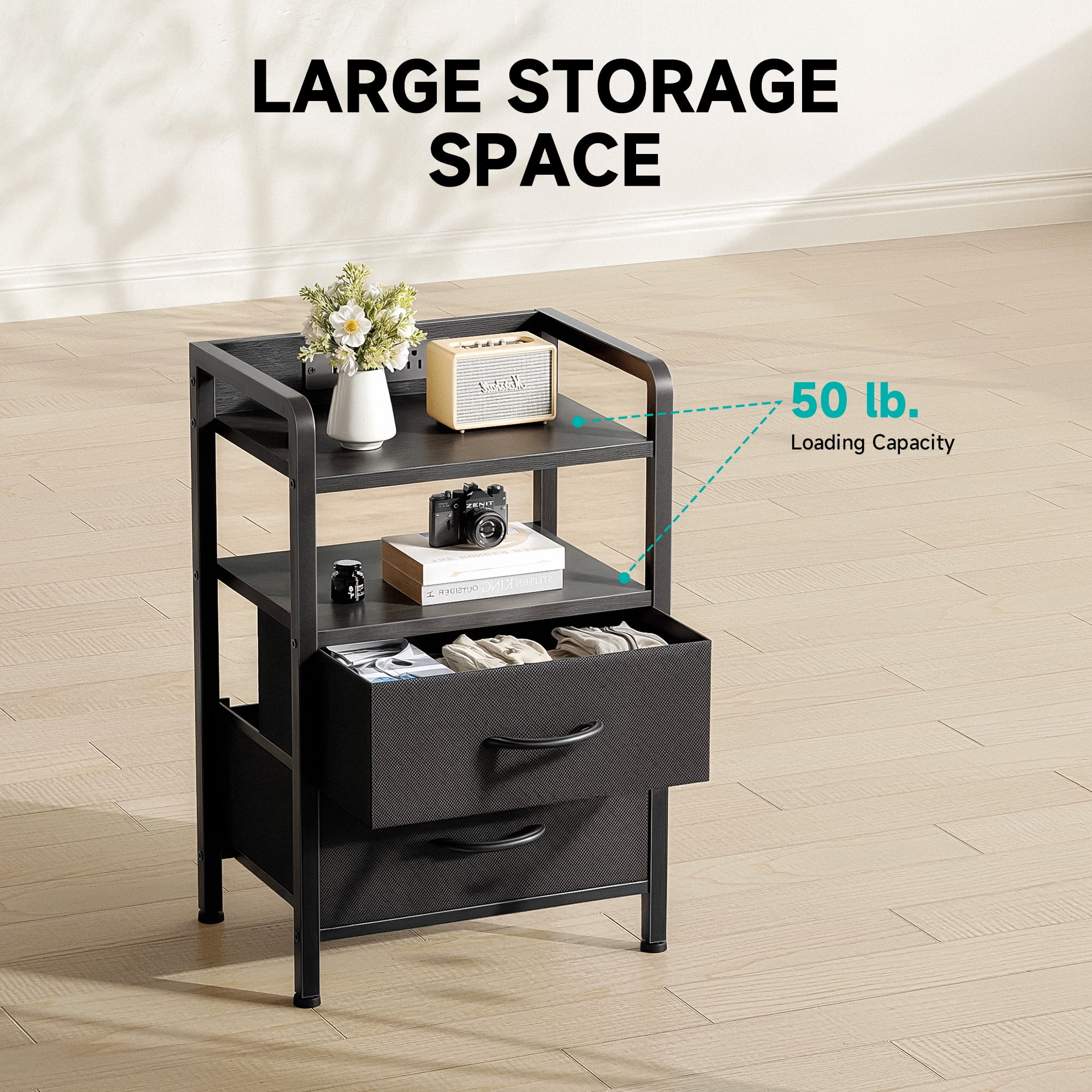 Bestco LED Nightstand End Table with Charging Station & 2 Drawers for Bedroom Black