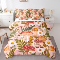 Manfei Cartoon Mushroom 7-Piece Bedding Comforter Set,Cute Daisy Flower King Bedding Sets,Tropical Botanical Plant Bed Sheets For Girls Kids,Luxury Bedroom Decor Reversible