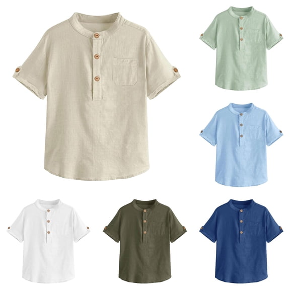 Zhanqunnn Boys Short Sleeve Shirt Button Up Dress Shirts Tees Pockets, Size 9-10 Years