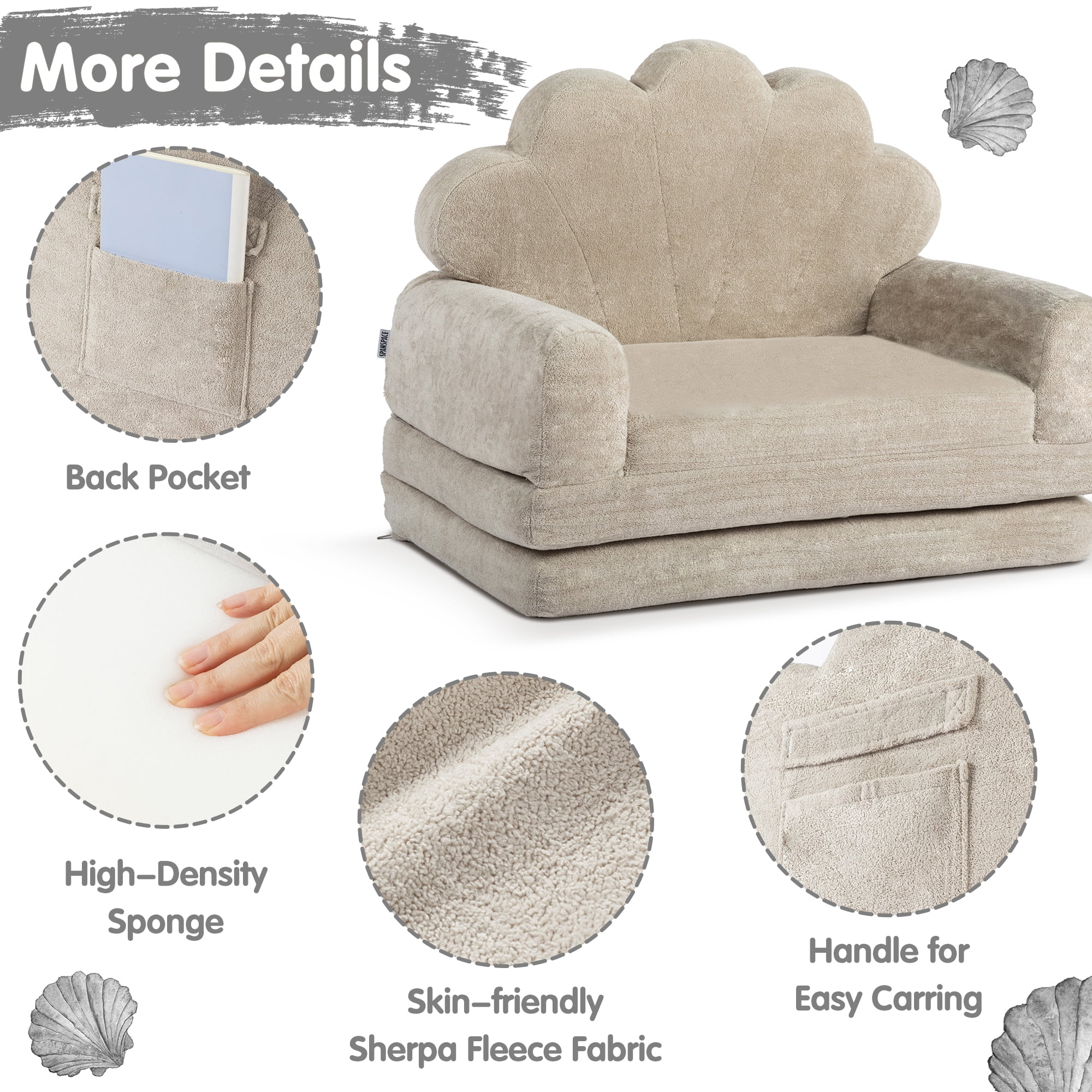 spanspace Toddler Couch, 2-in-1 Soft Sherpa Toddler Couch Fold Out, Toddler Chair Comfy, Convertible Sofa to Lounger with Cute Shell Designs, Grey