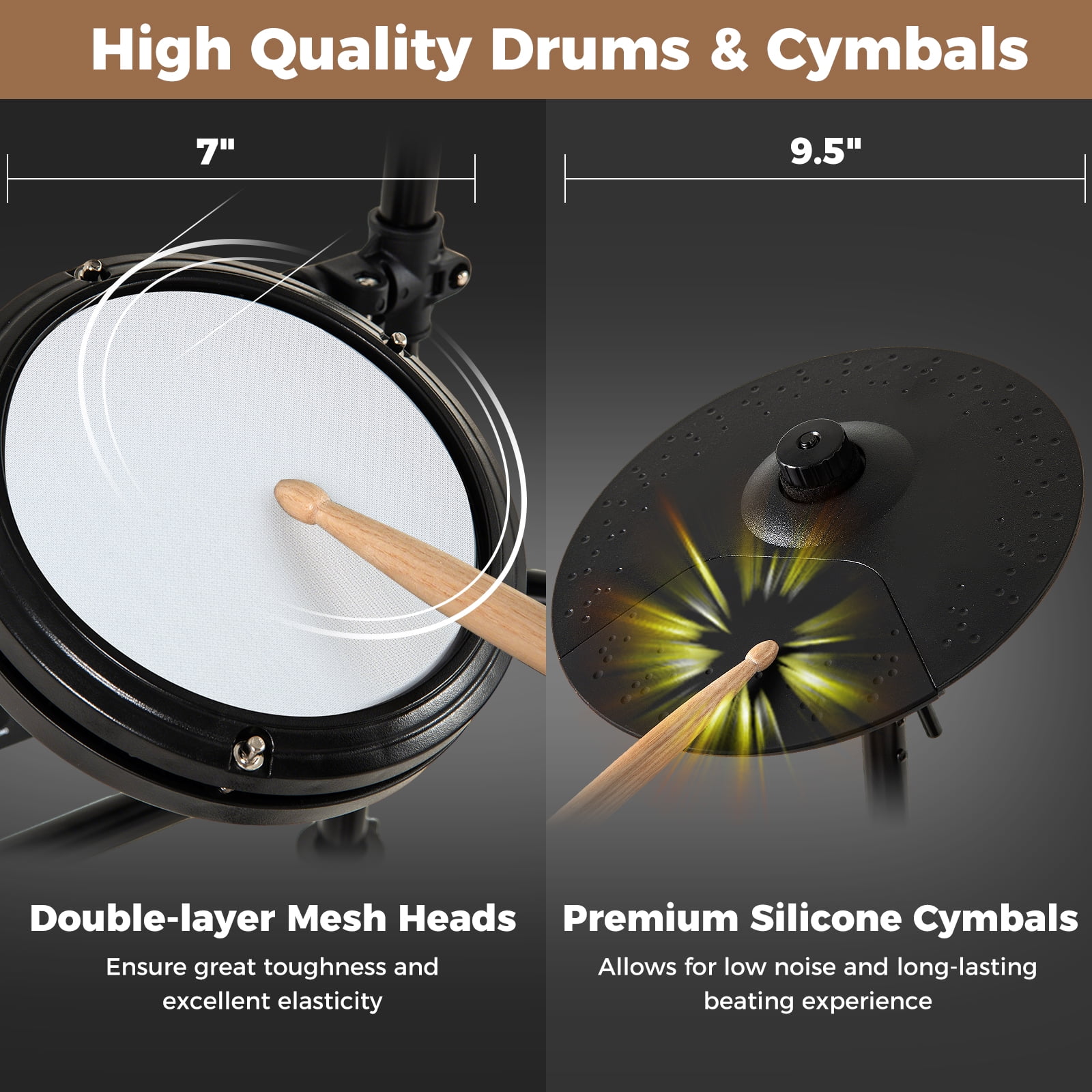 Gymax Electric Drum Set Foldable Drum Kit w/ 7'' Mesh Drum Pads 9.5'' Cymbals 10 Demos Black