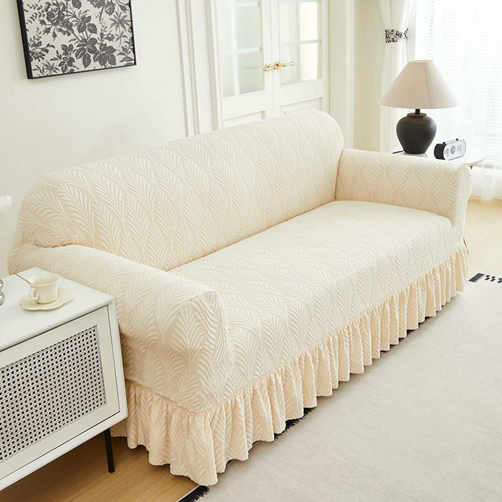 LKJYER Stretch Sofa Couch Slipcover with Skirt, Non-Slip Jacquard Universal Soft Sofa Cover with Elastic Bottom, Pet Proof Washable Breathable Furniture Protector for Living Room,