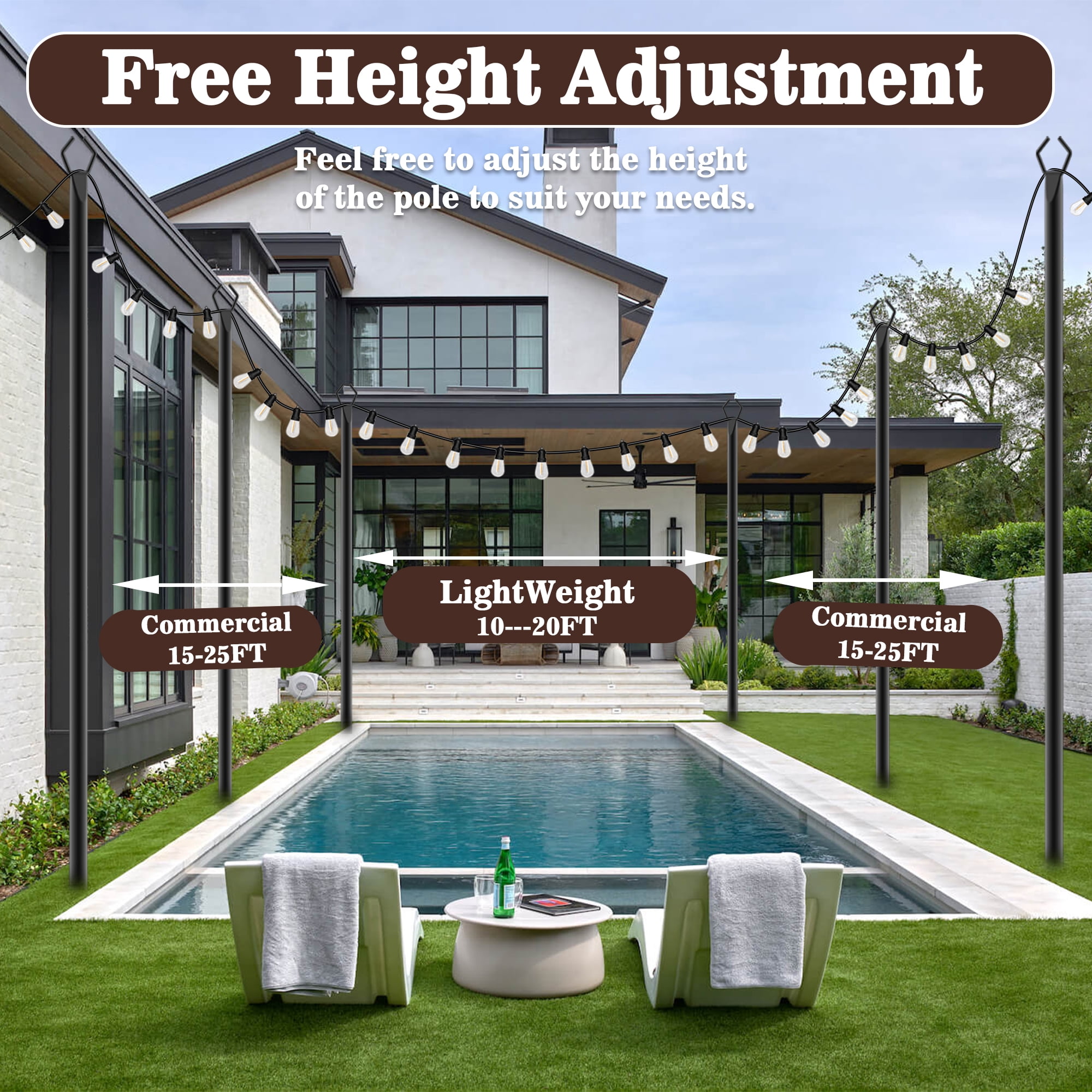 [2pcs Metal Pole] 10 Feet Metal Patio String Lights Pole | Outdoor Hanging Pole For Garden, Backyard, Patio, Lighting Bracket For Parties, Christmas And Wedding