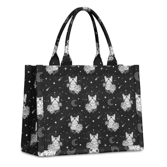 Large Capacity Tote Bag,Black White Cat Rose Moon Star Pattern Handbag Fashion Luxury Tote Bag,15.7"x13"x 5.1" Inches,Laptop Compatible