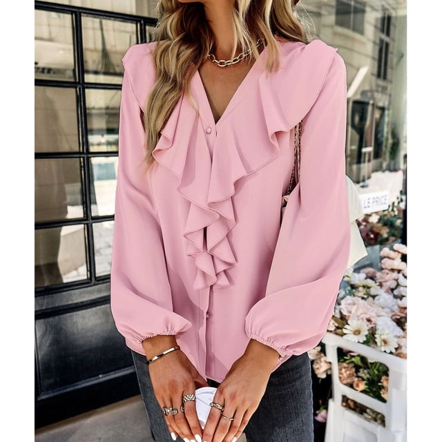 Top informal para mujer diseño de empalme de encaje con volantes de color puro blusa de manga larga de tela suave puños elásticos para citas para el trabajo ANGGREK Otros