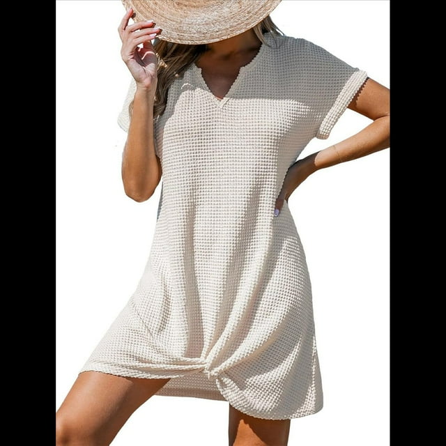 Vestido Informal con Cuello en V y Protección Solar, Color Albaricoque, Talla M