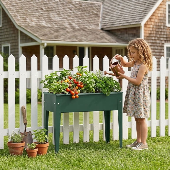 Resenkos Elevated Metal Gardening Planter Box with Stand Legs, Outdoor Raised Garden Bed for Flowers and Vegetables, Green