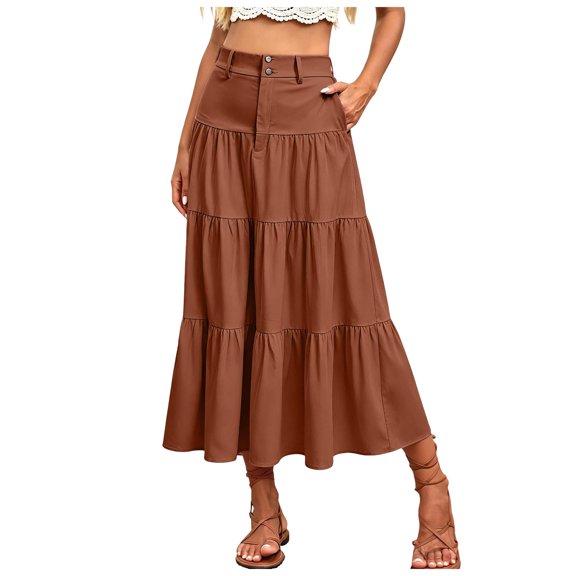RFQWOVSR Women High Waist A-Line Midi Skirt Solid Color Elegant Basic Pull On Elastic Waist Lightweight Summer Casual L