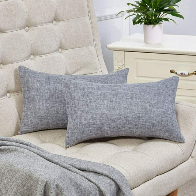 Set of 2 Gray Lumbar Pillow Covers Rustic Linen Decorative Throw Pillow Covers 12x20 Inch for Sofa Couch Decoration