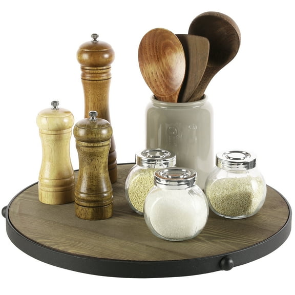 MyGift Rustic Lazy Susan, Brown Wood and Black Metal Rimmed
