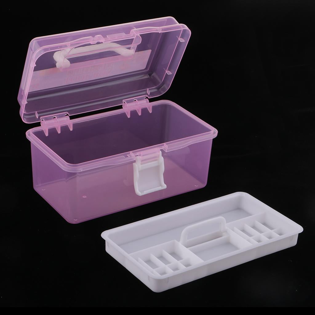 2 Layer Clear Jewelry Beads Sewing Painting Tools Organizer, Household Storage Box Case Container with Handle - Pink, as described