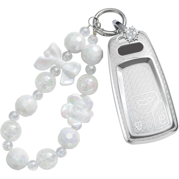 for Audi Key Fob Cover 3 Buttons TPU Soft Key Shell Case Fit for Audi A1 A3 A4 A6 A8 Quattro Q3 Q7 S3 S6 RS3 RS6 R8 TT TTS Flip White Car Key Protector with Bling Keychain