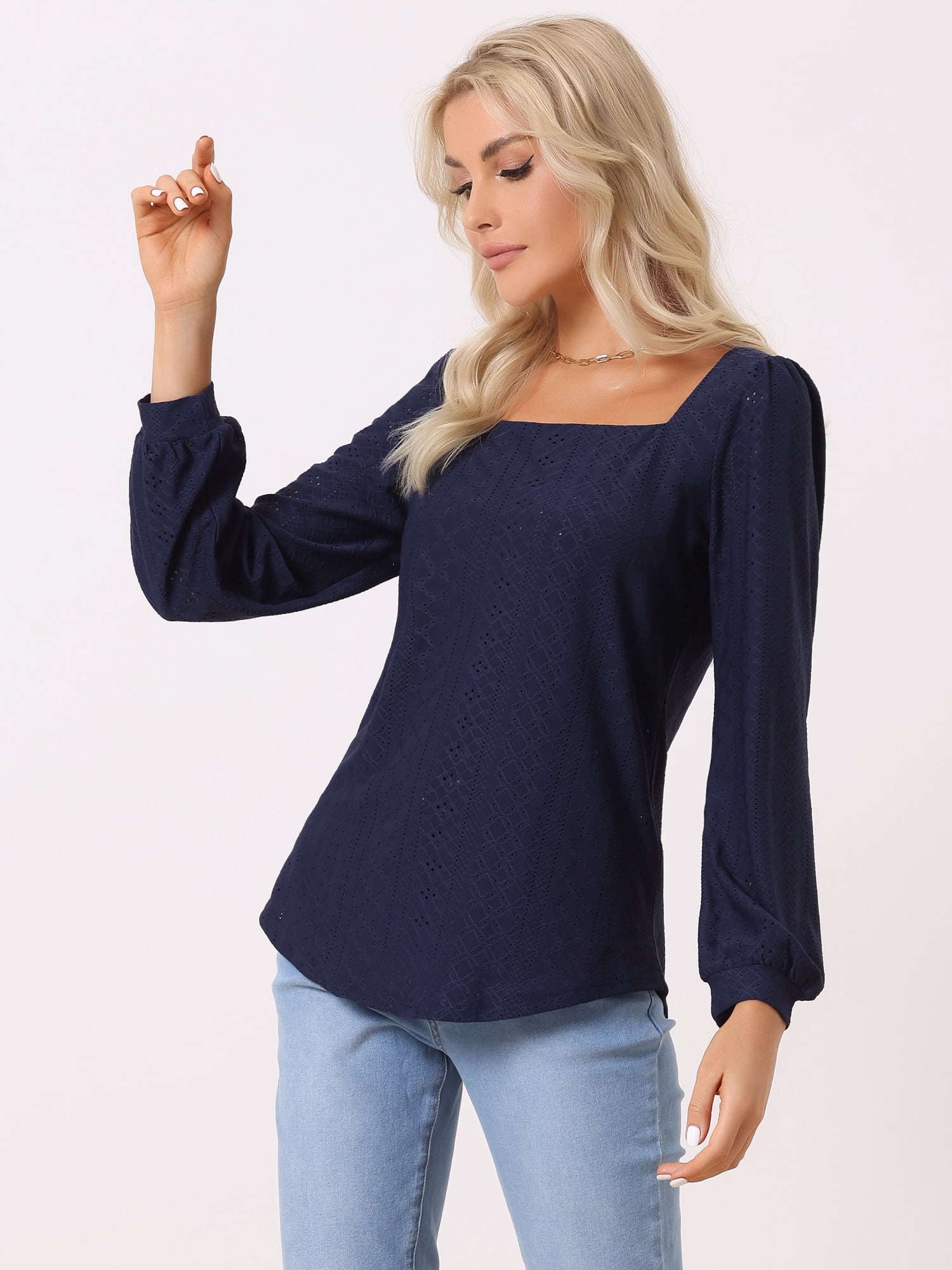DARING DIVA Women's Square Collar Puff Long Sleeve Eyelet Business Shirts XS Navy Blue