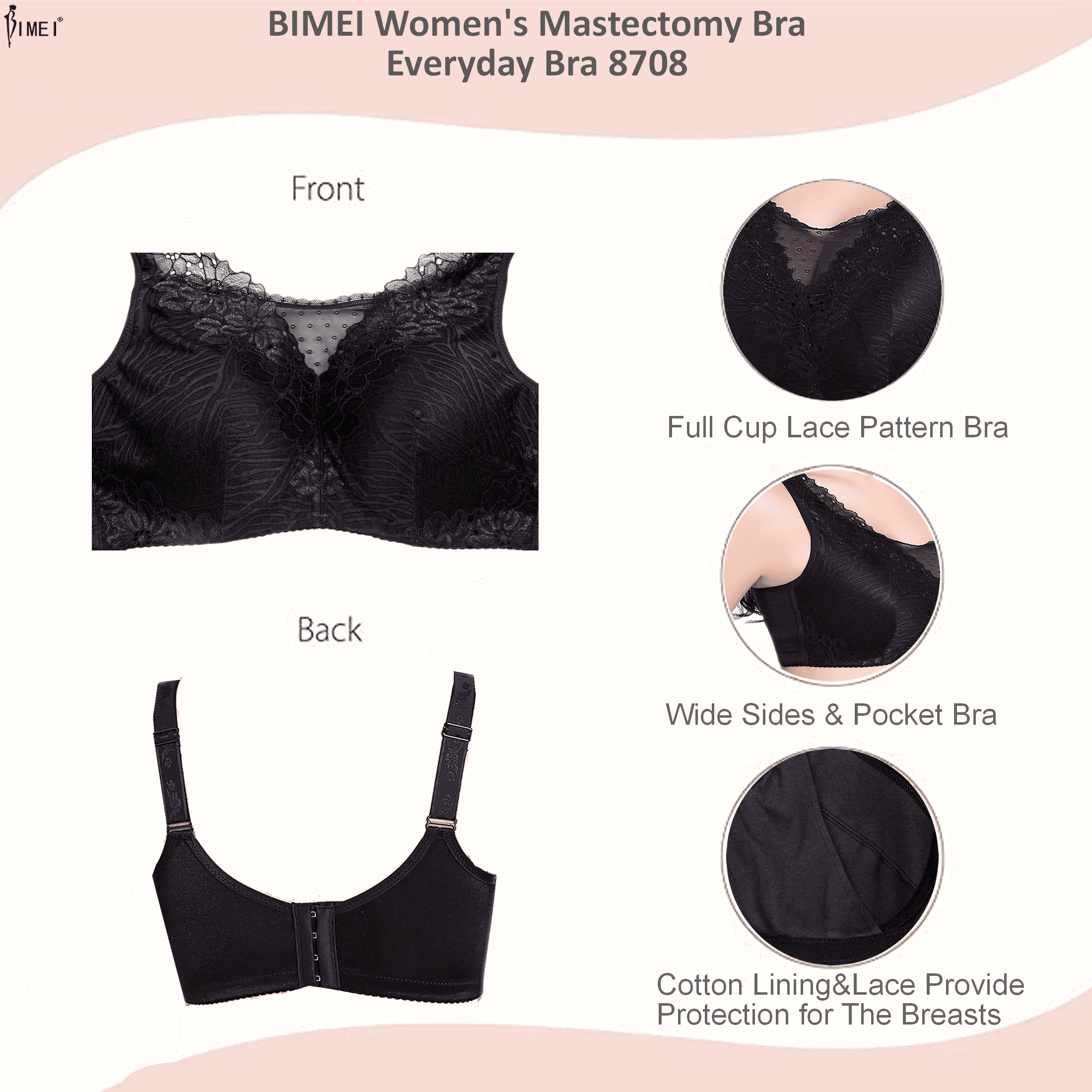 BIMEI Mastectomy Bra with Pockets for Breast Prosthesis Women Everyday Lace  Bra 8708,Black,38C 