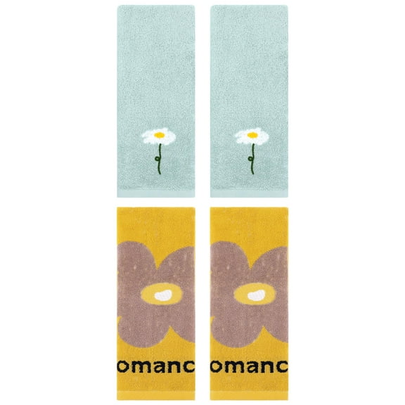 Unique Bargains 4 Pcs Soft Absorbent Floral Pattern Cotton Hand Towel Blue/Yellow