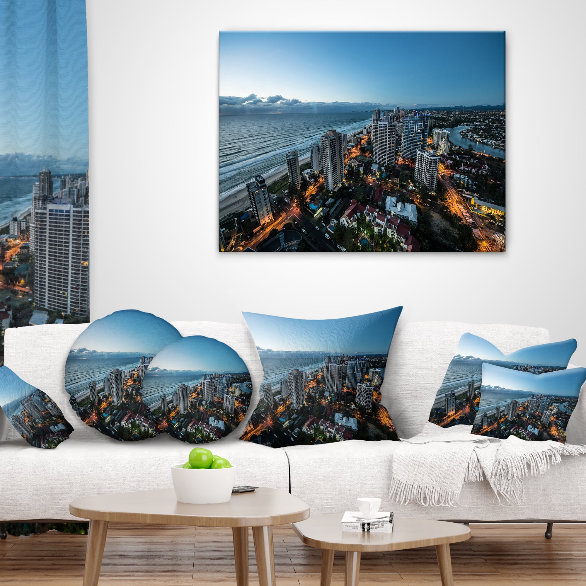 Designart Brisbane Skyscrapers and Sea Aerial View - Cityscape Throw Pillow - 18x18