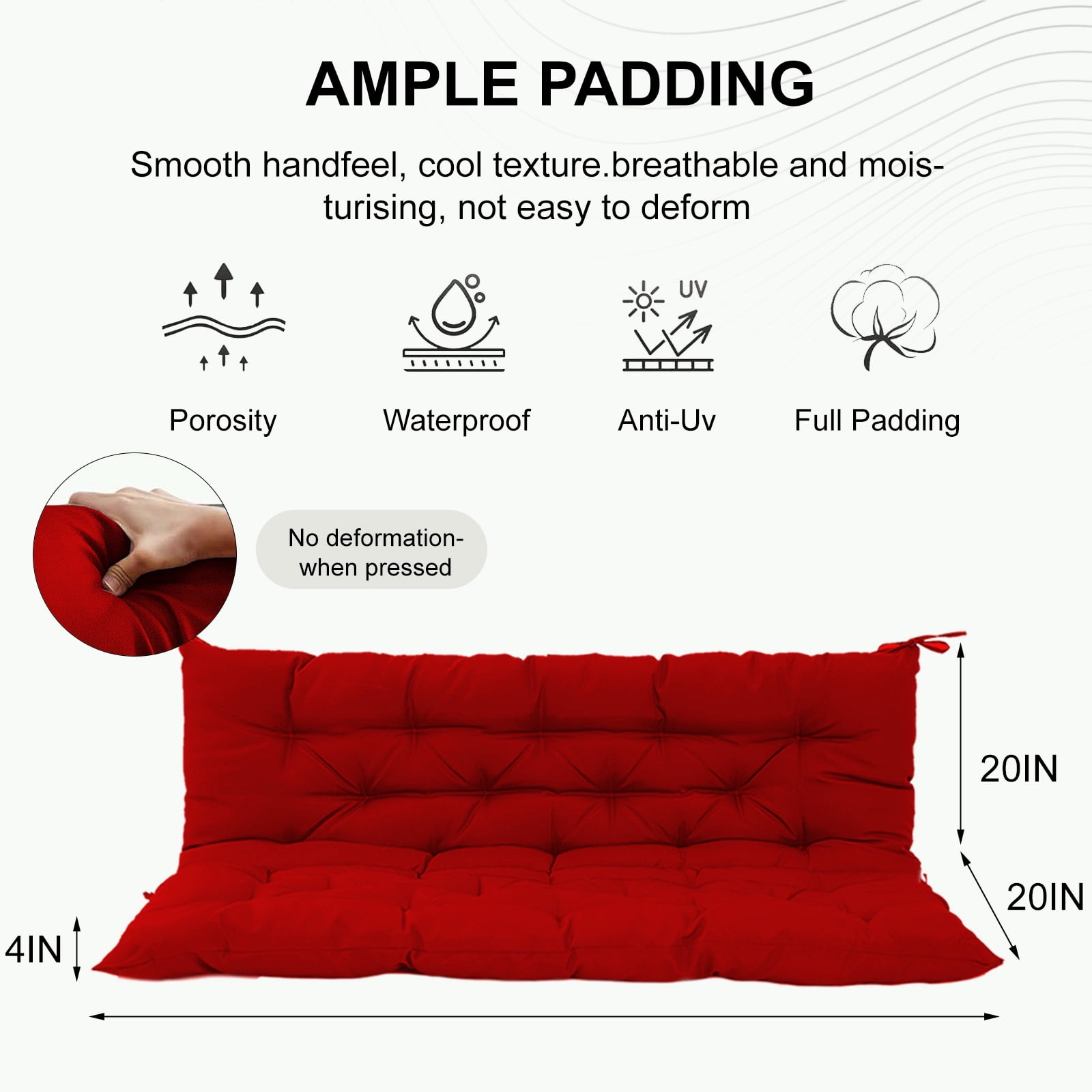 60in Outdoor Swing Cushions, Waterproof 4" Thick Porch Swing Cushion Replacement with Backrest and Ties, Comfortable 2-3 Seat Pation Swing Pad for Backyard, Garden, Lawn, Outdoor Furniture