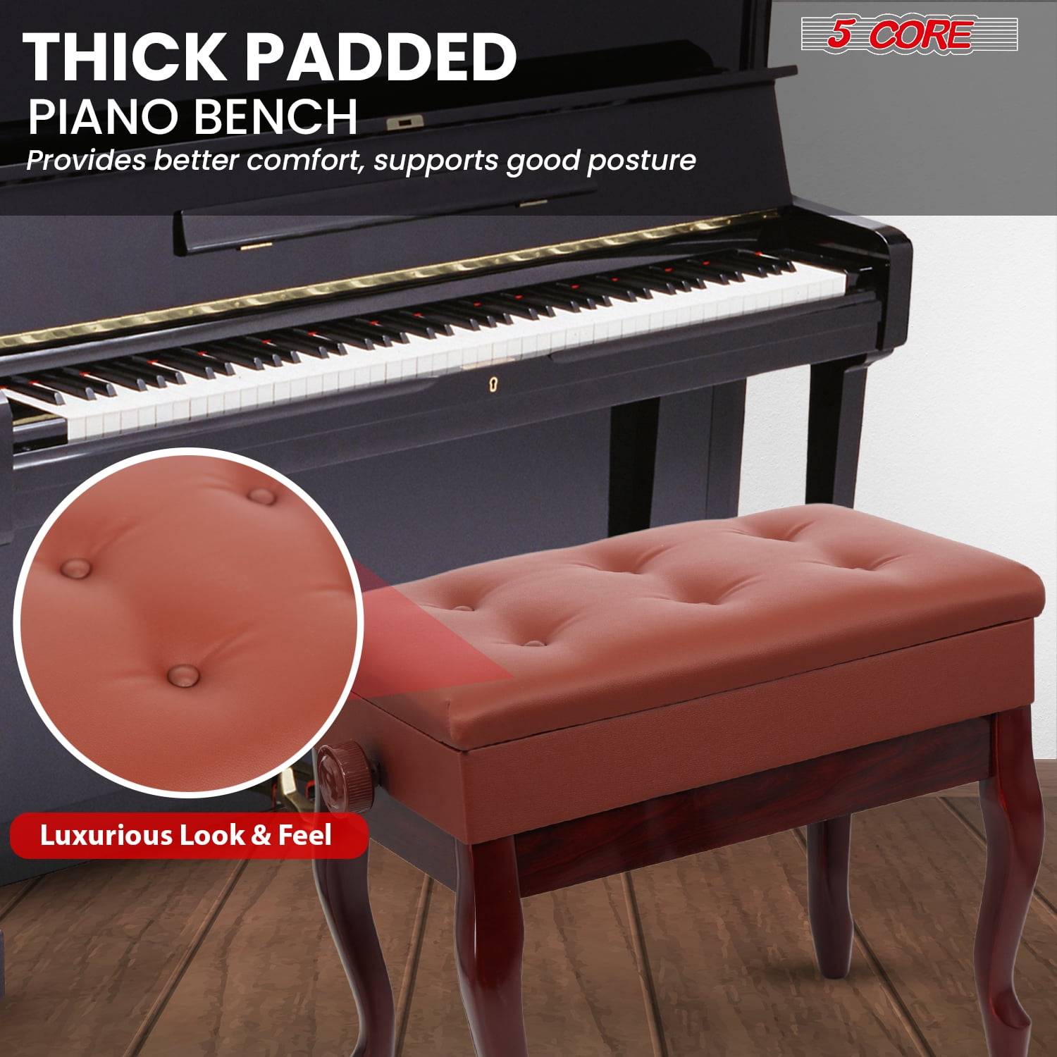 5 Core Adjustable Piano Bench Thick 3.25" Solid Wood Keyboard Stool Heavy Duty Musician Chair