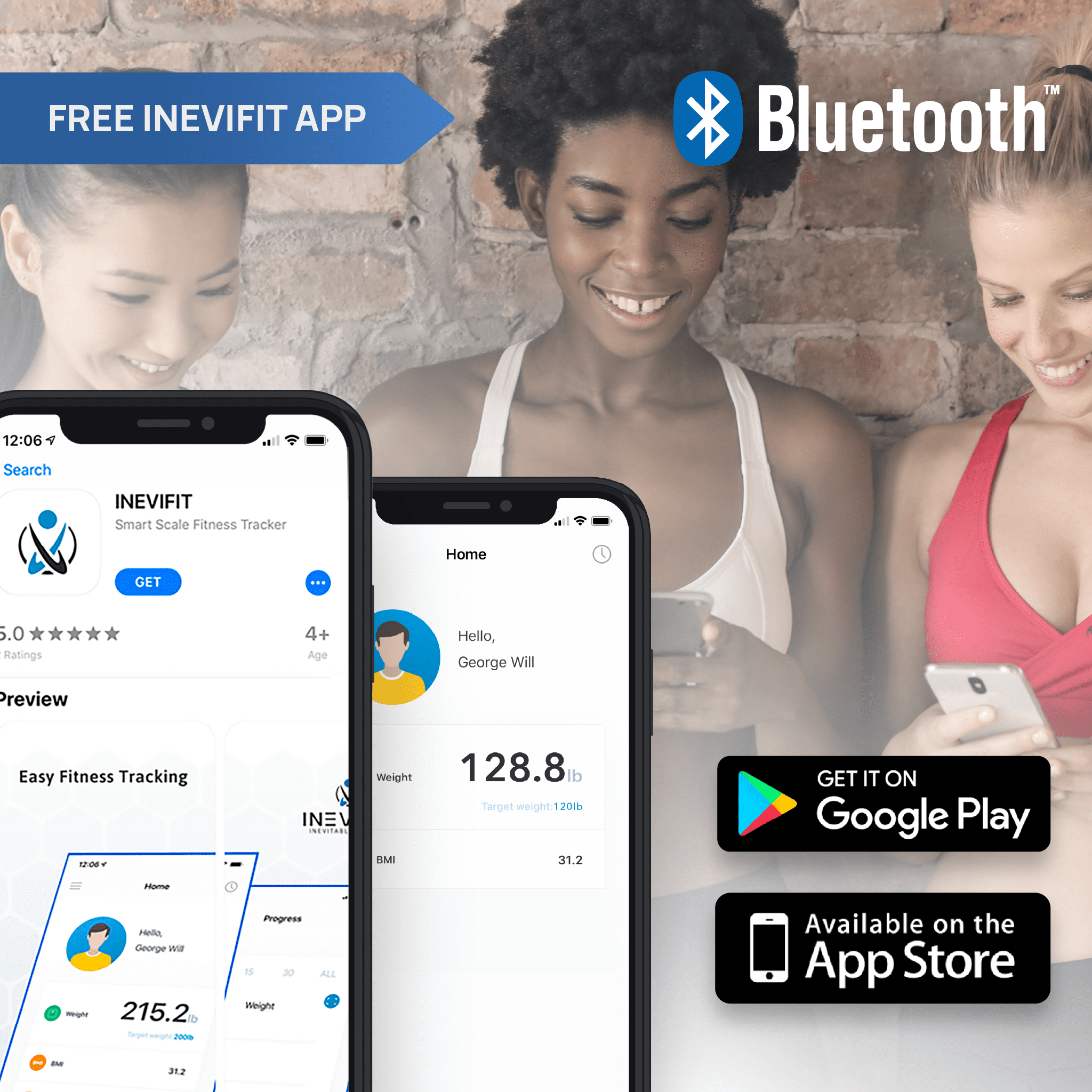 INEVIFIT Smart Premium Bathroom Scale with Bluetooth and Free Tracking INEVIFIT APP 11.8 x 11.8 inch - White