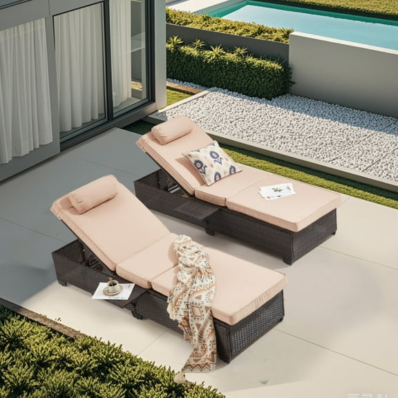 2-Pack Adjustable Outdoor Lounge Chairs, Poolside Chaise Lounge with 5-Position Backrest, Thick Cushion & Cup Holder, All-Weather PE Rattan Patio Furniture