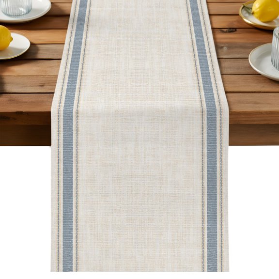 Rustic Beige Table Runner, Slate Blue Stripes Border Farmhouse Linen Texture Cotton Linen Table Cloth, Tablerunner for Kitchen Dining Party Wedding Home Decor 13x36 Inch