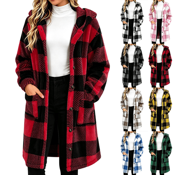 Cmtiyu Plaid Fleece Jackets Women, Long Sleeve Button Down Hooded Jacket, Warm Fall Winter Coats with Pockets, Wine S-2XL