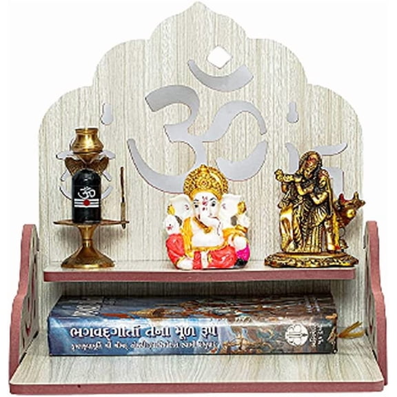 Wooden Temple Mandir Pooja Ghar Home Office Decor Handcrafted Plywood Art Painted Indian Hindu Decoration Puja Decorative Wall Hanging Bhagwan Diwali, Navratri By SEASOL. Cream