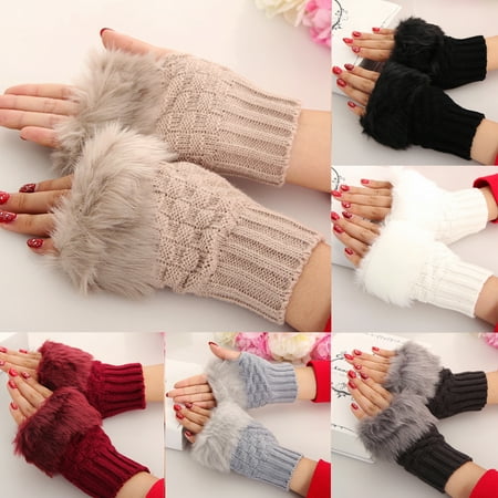 - Women Ladies Fingerless Faux Fur Winter Warm Wrist Knitted Wool Mitten Gloves