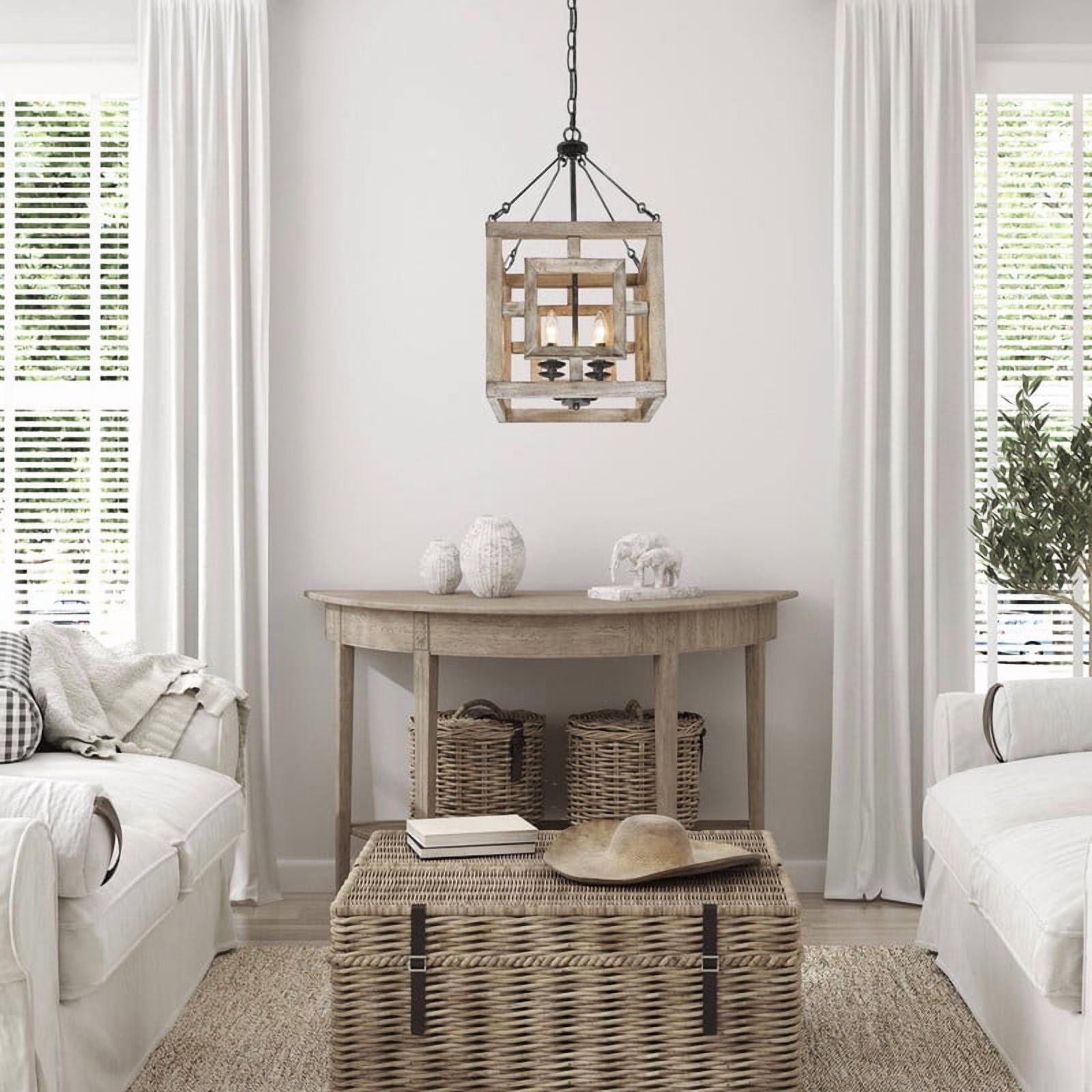 LNC Ferdinand 3-Light Rustic Wood and Black Metal Lantern Pendant for Dining Room