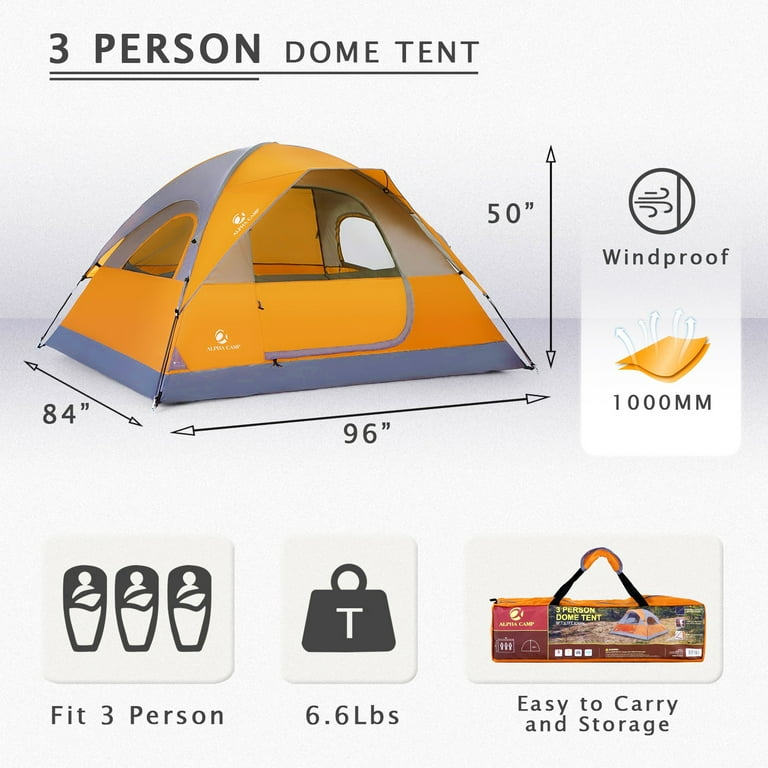 Alpha Camper 3-Person Camping Tent Portable Dome Tent with Carry Bag for  Outdoor Camping/Hiking, Orange