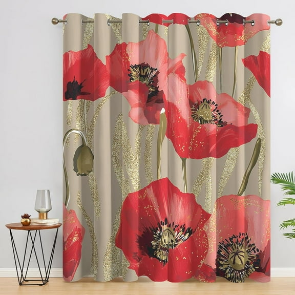 Poppy Blackout Curtains, Red Floral Window Curtains & Bedroom Decor Botanical Flower Curtains For Living Room, Thermal Grommet Drapes26"W x 84"L (Pack of 2)