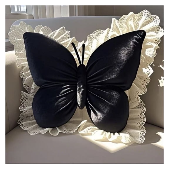 3D Butterfly Decorative Throw Pillow, Lace Ruffle Princess Style Lumbar Cushion, Soft Plush Waist Support Pillow for Couch Car Office Chair Bedroom