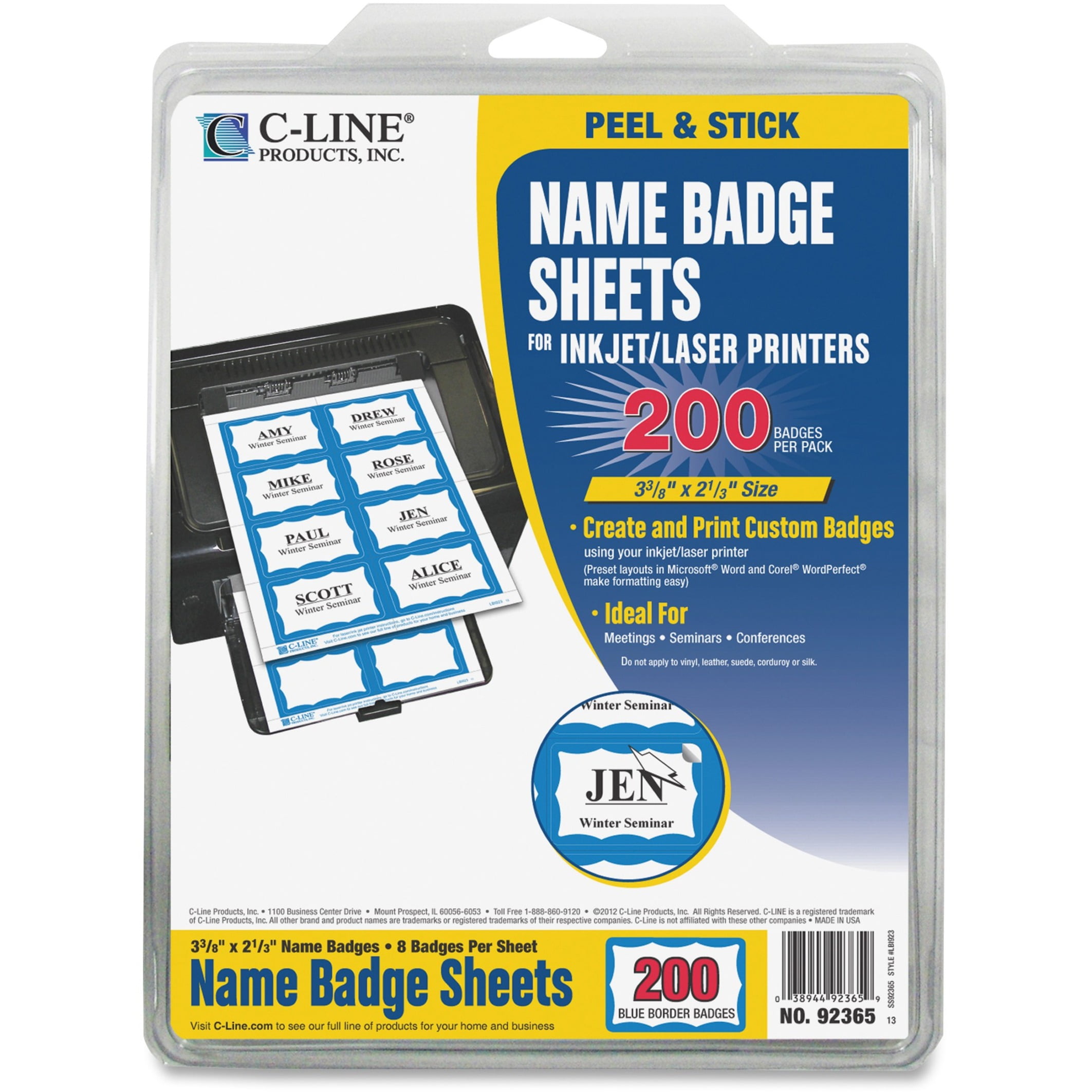 C-Line Laser Printer Name Badges, 3 3/8 x 2 1/3, White/Blue, 200/Box