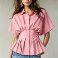 thumbnail image 2 of Women's Striped Blouse Peplum Hem Dressy Shirt Collared Short Sleeve Button Down Waist Fitted Business Casual Tops office Outfit Red, 2 of 5