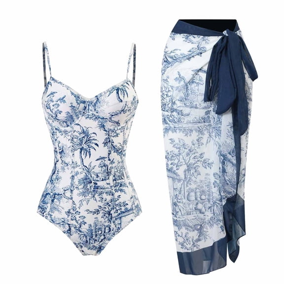 MOJOGO Floral Print Swimwear for Women V Neck One Piece with Cover Up Two Piece Swimsuits for Summer Beach Navy L