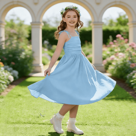 LJEFF Girls Spaghetti-Strap Dress, Lightweight Flowy Pleated Casual A-Line Vintage Party Midi Dress for Kids Blue Size 6