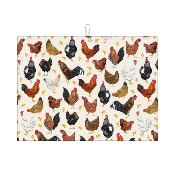 Fuzoiu Roosters and Chickens Print Absorbent, Reversible Microfiber Dish Drying Mat for Kitchen, Dish Drying Pad for Dishes, Utensils, Pots and Pans, Extra Large 18 Inch x 24 Inch